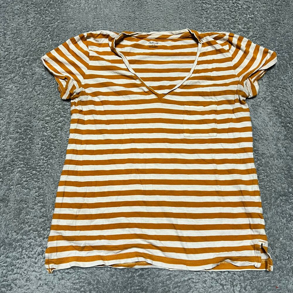 Madewell Short Sleeve V-Neck T-Shirt Tee Womens Small Striped Mustard Yellow